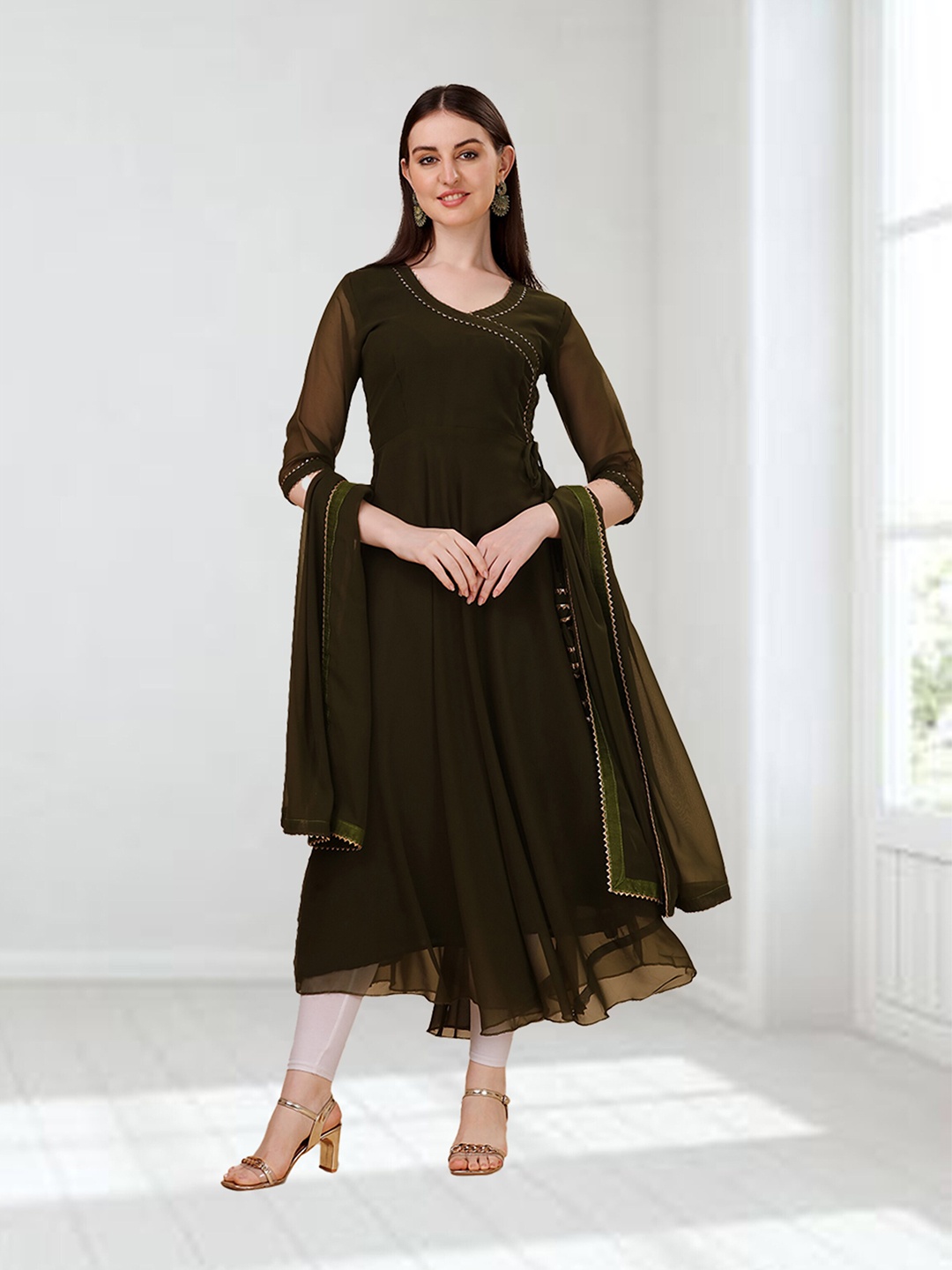 

N N ENTERPRISE V-Neck Pure Georgette Anarkali Kurta With Dupatta, Olive