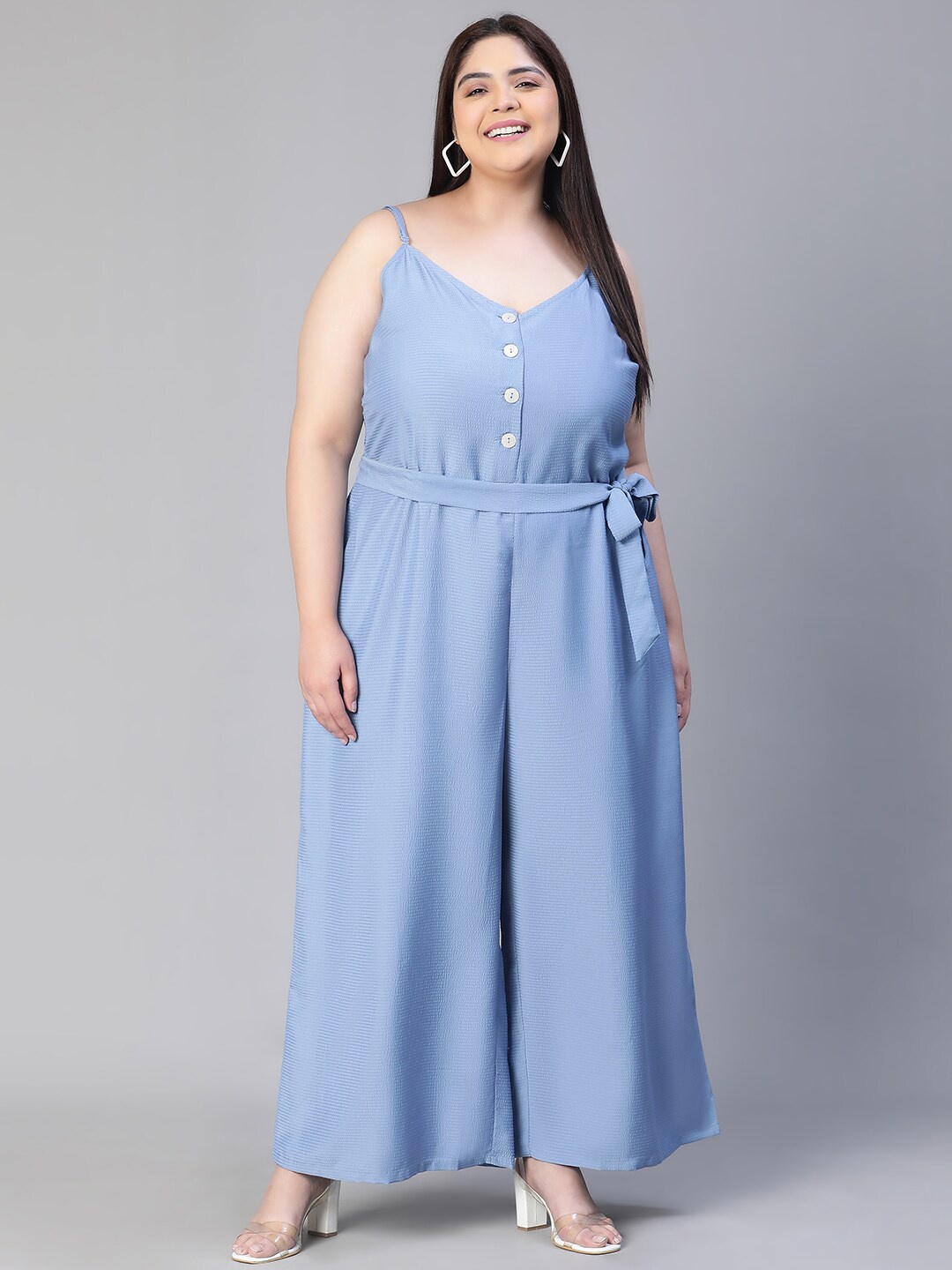 

Oxolloxo Plus Size Shoulder Straps Waist Tie Ups Basic Jumpsuit, Blue