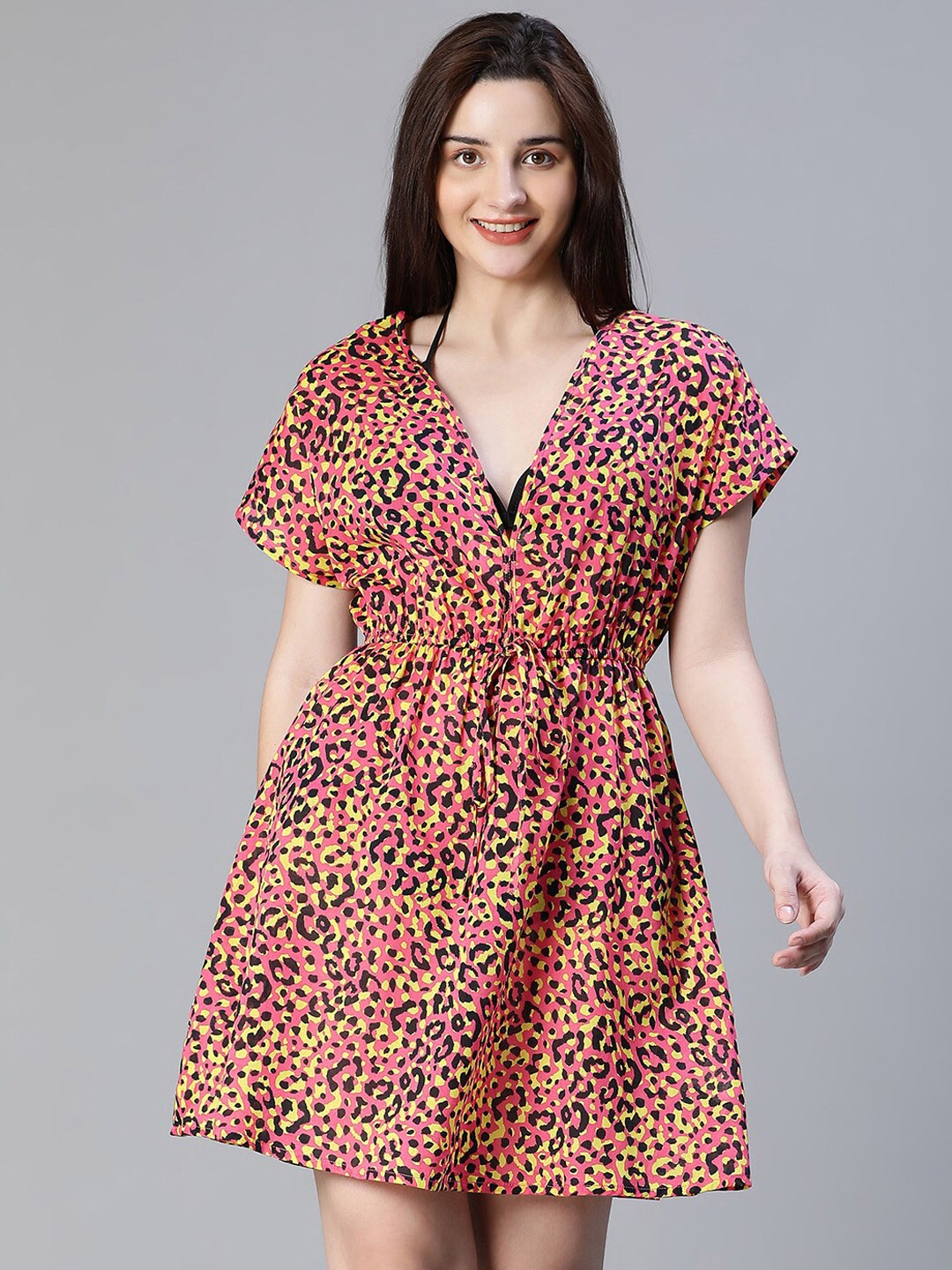 

Oxolloxo Animal Printed Elasticated Tie -Knot Cotton Kaftan Swimwear Cover-Up Dress, Red