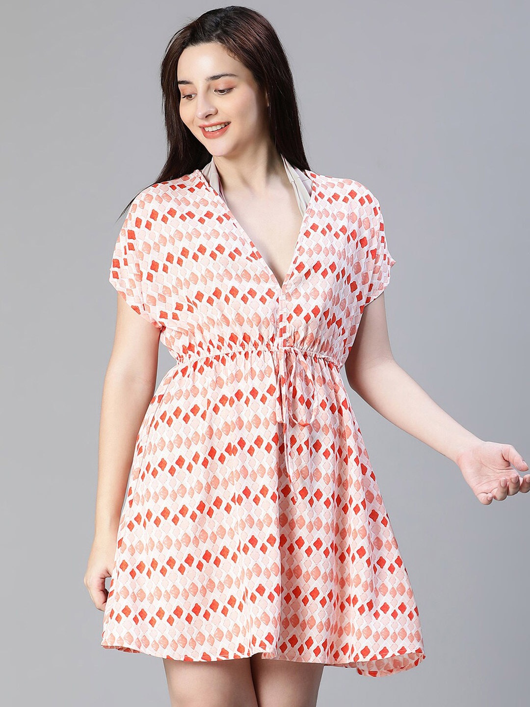 

Oxolloxo Geometric Printed Kaftan Swimwear Cover Up Top, Pink