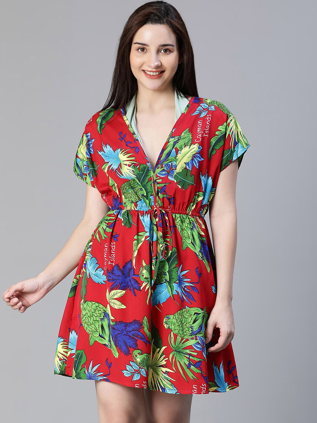 

Oxolloxo Floral Printed Kaftan Swimwear Cover Up Top, Red