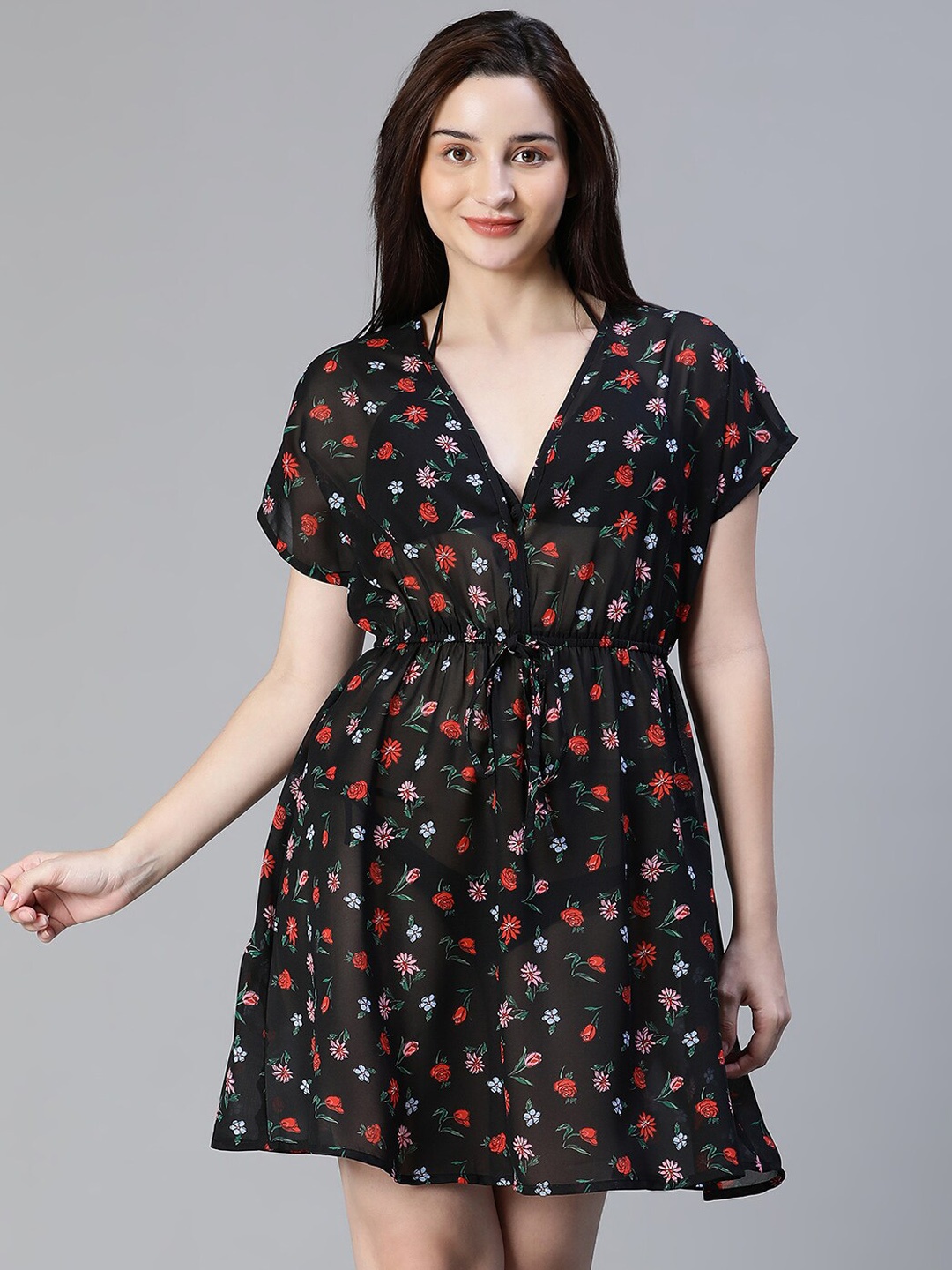 

Oxolloxo Floral Printed Kaftan Mini Swimwear Cover Up Top, Black