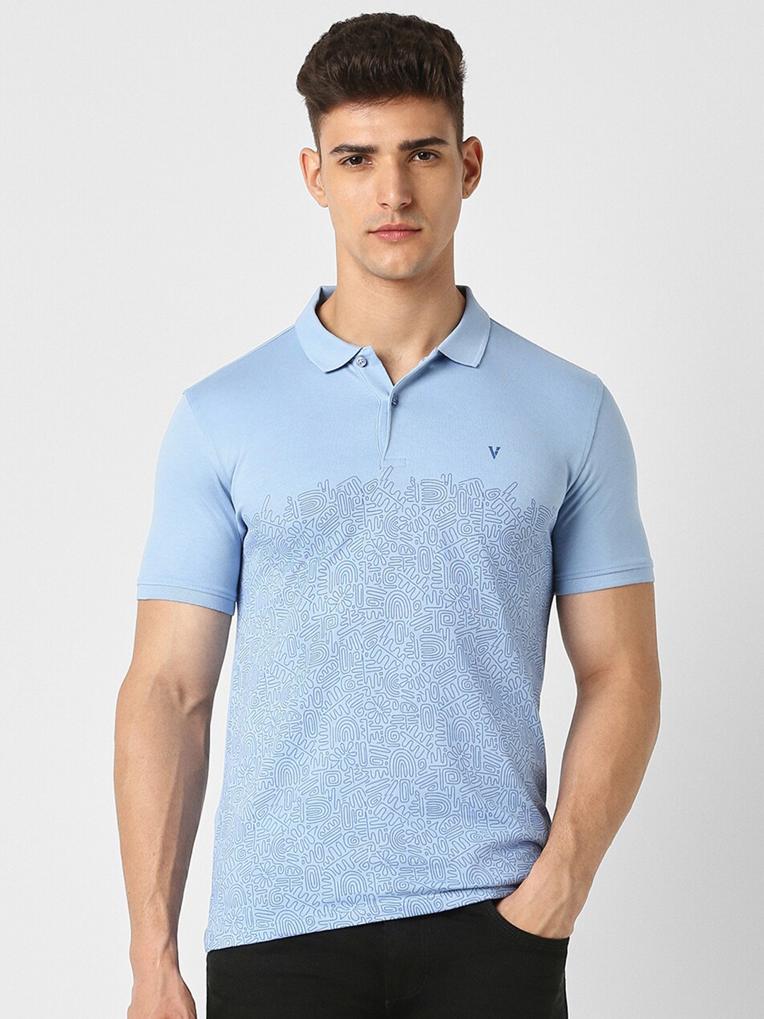 

V Dot Printed Polo Collar Pure Cotton Slim Fit T-shirt, Blue