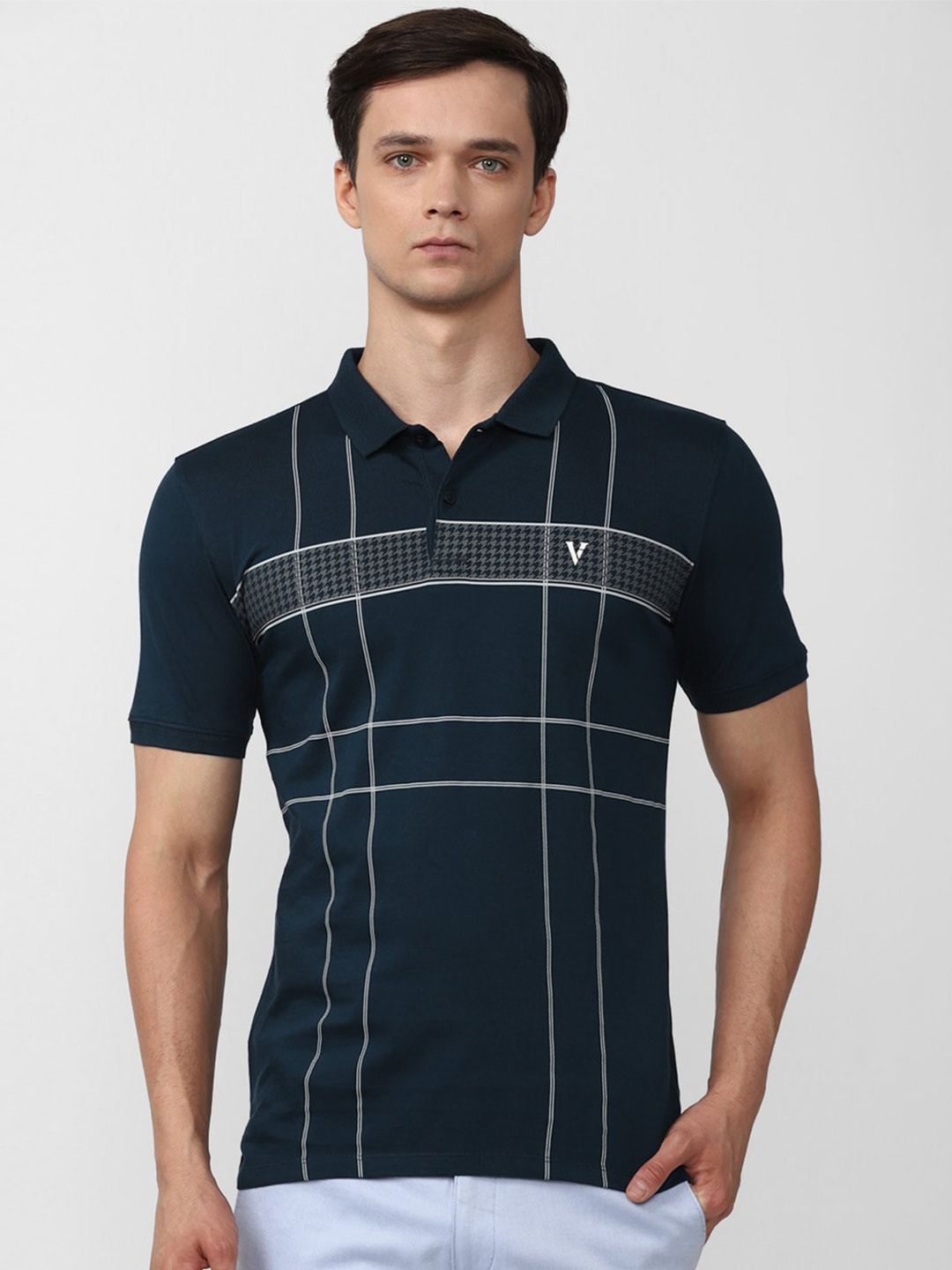 

V Dot Checked Polo Collar Slim Fit Pure Cotton T-Shirt, Navy blue