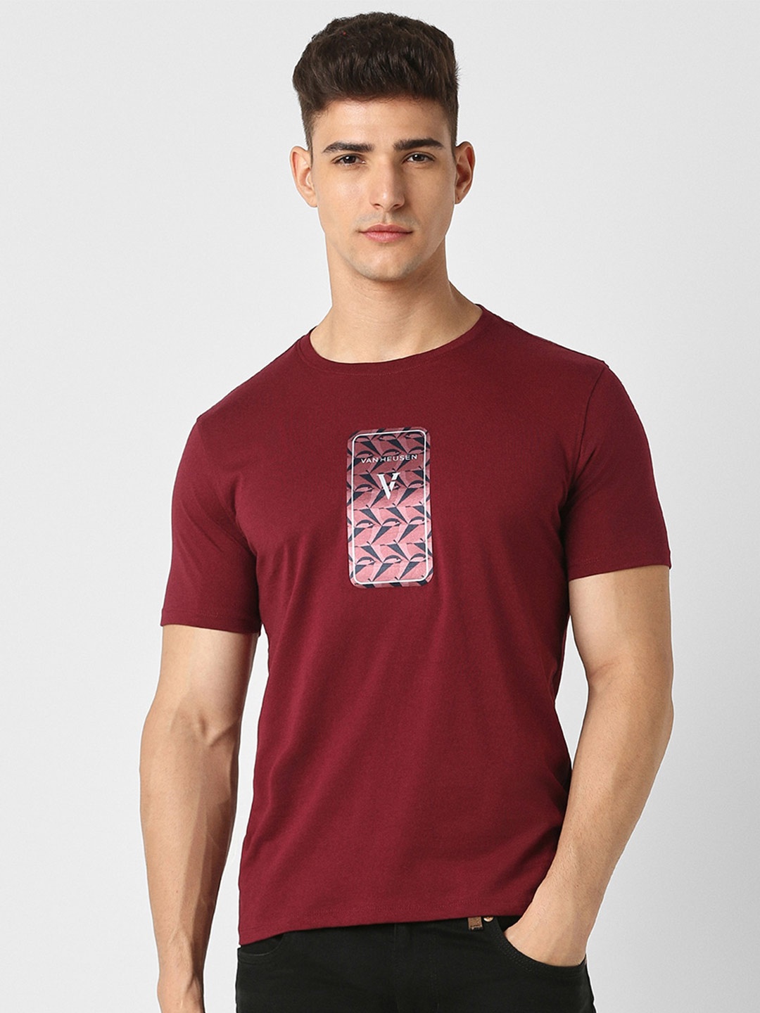 

V Dot Graphic Printed Slim Fit Cotton T-Shirt, Maroon