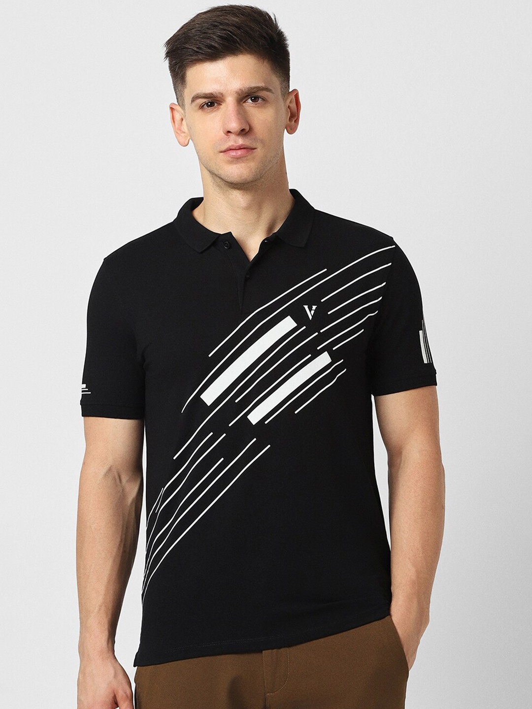 

V Dot Printed Polo Collar Slim Fit T-shirt, Black