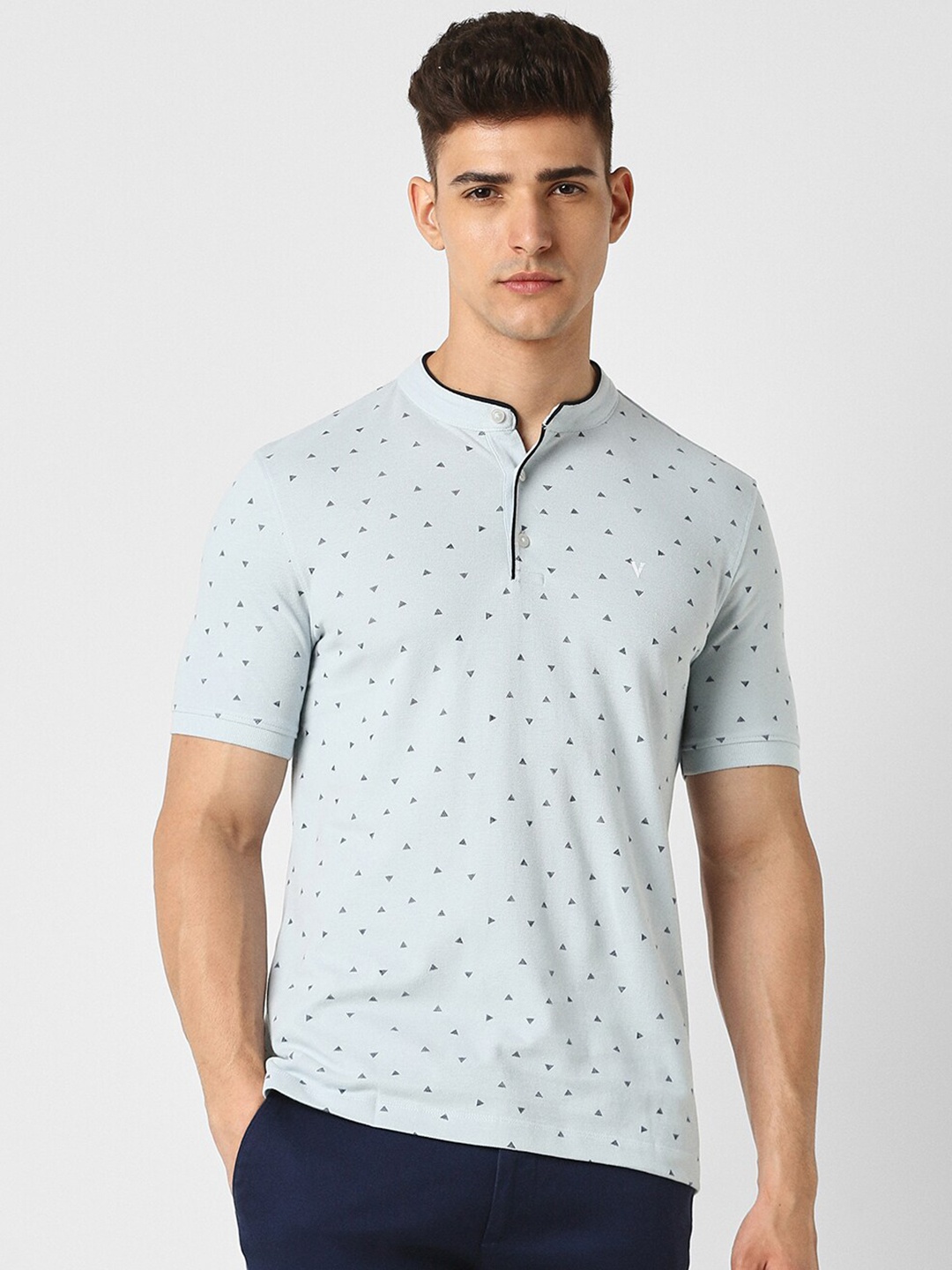 

Van Heusen Geometric Printed Mandarin Collar Pure Cotton T-shirt, Blue