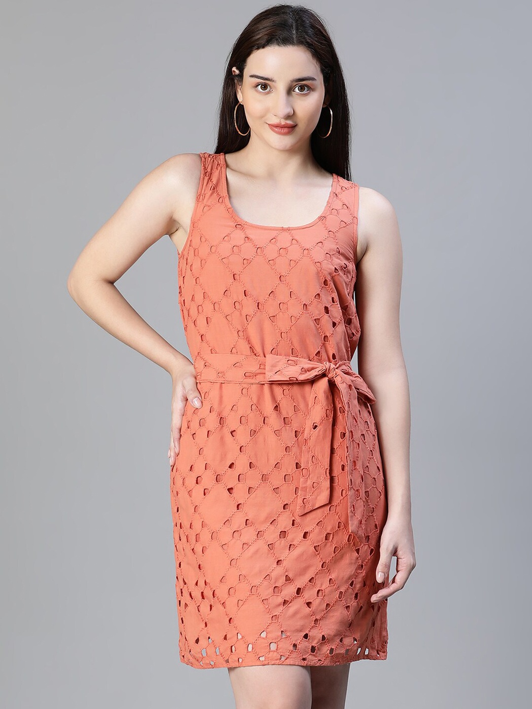

Oxolloxo Self Design Sleeveless Tie-Up Waist Sheath Dress, Rust