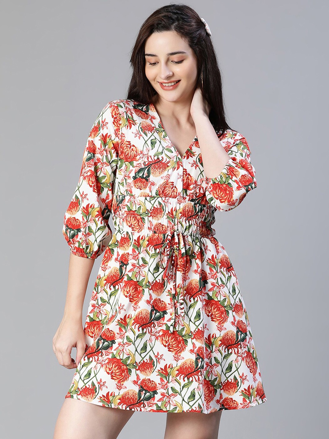 

Oxolloxo Floral Printed V-Neck Puff Sleeves Fit & Flare Mini Dress, White
