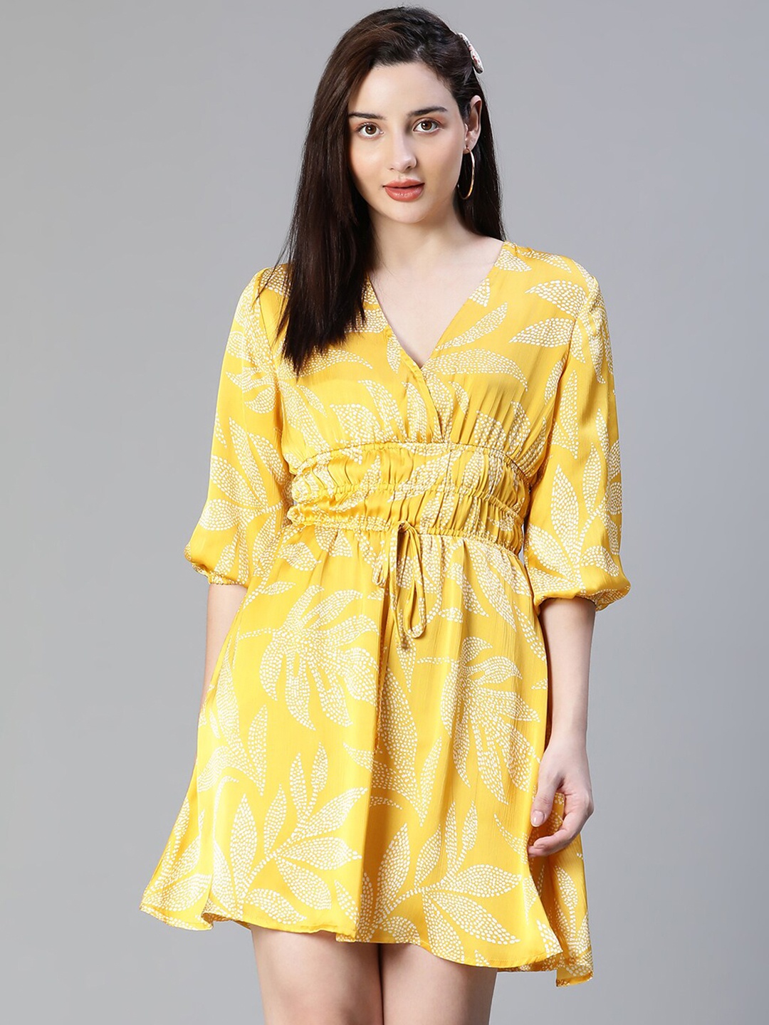 

Oxolloxo Floral Printed V-Neck Puff Sleeves Fit & Flare Dress, Yellow