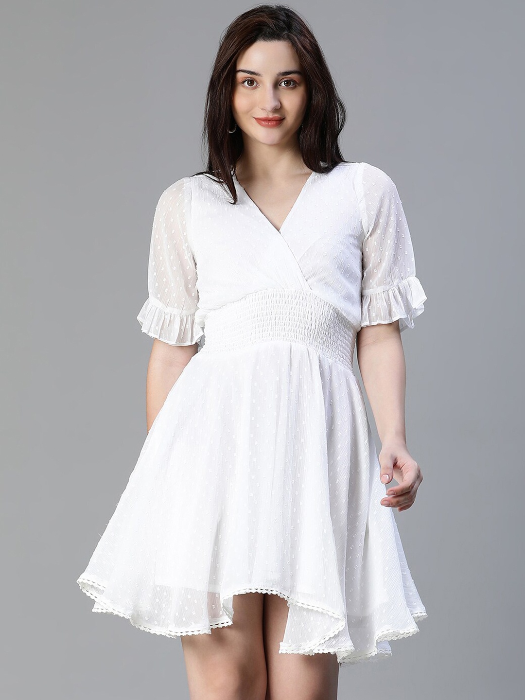 

Oxolloxo Self Design V-Neck Smocked Fit & Flare Dress, White