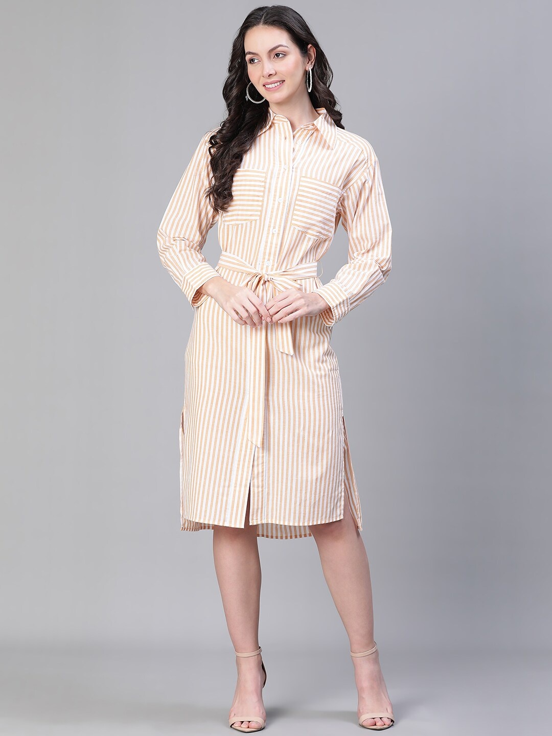 

Oxolloxo Striped Cuffed Sleeves Organic Cotton Shirt Dress, Orange