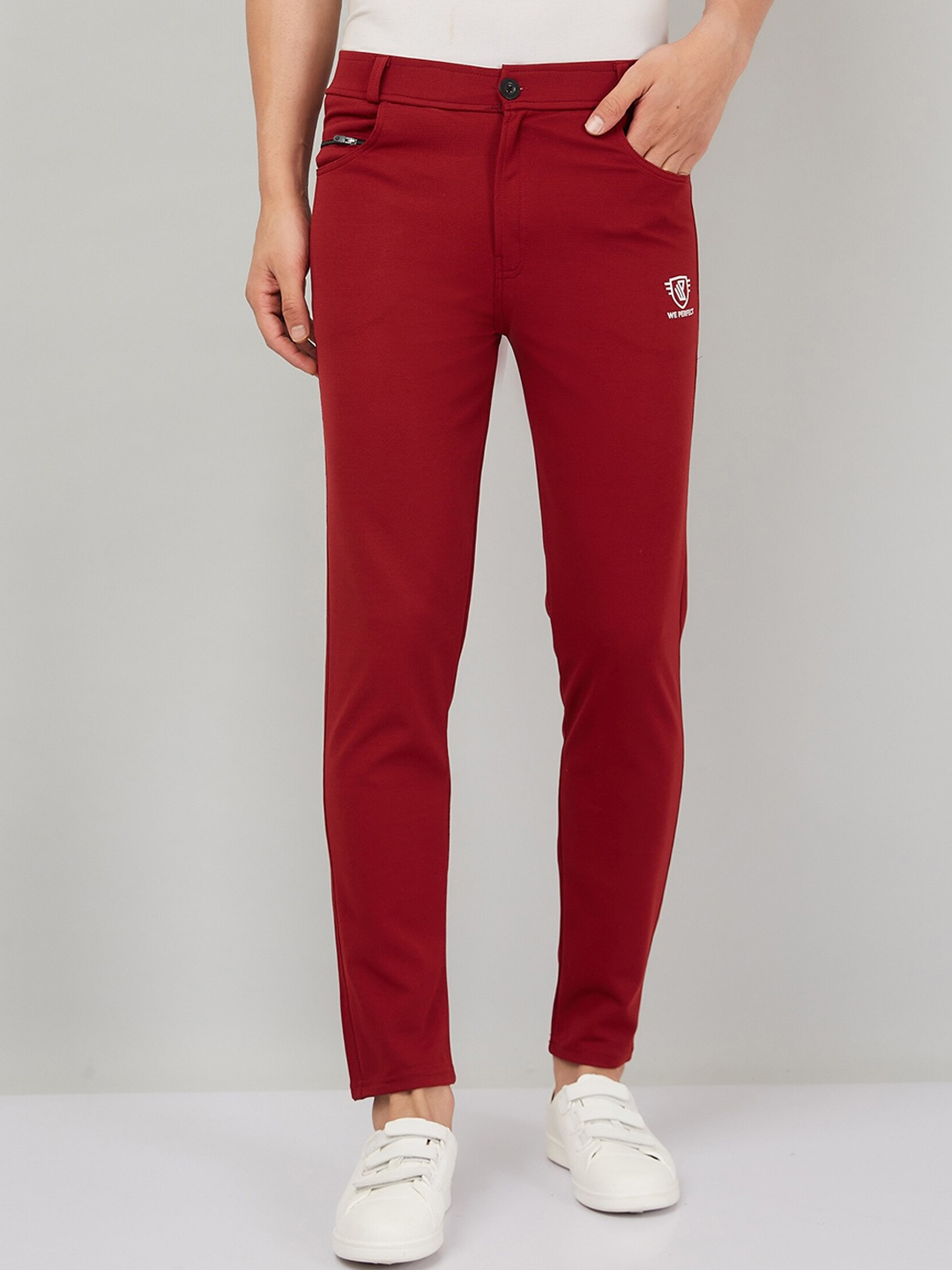 

WE PERFECT Men Smart Slim Fit Mid-Rise Cotton Regular Trousers, Maroon
