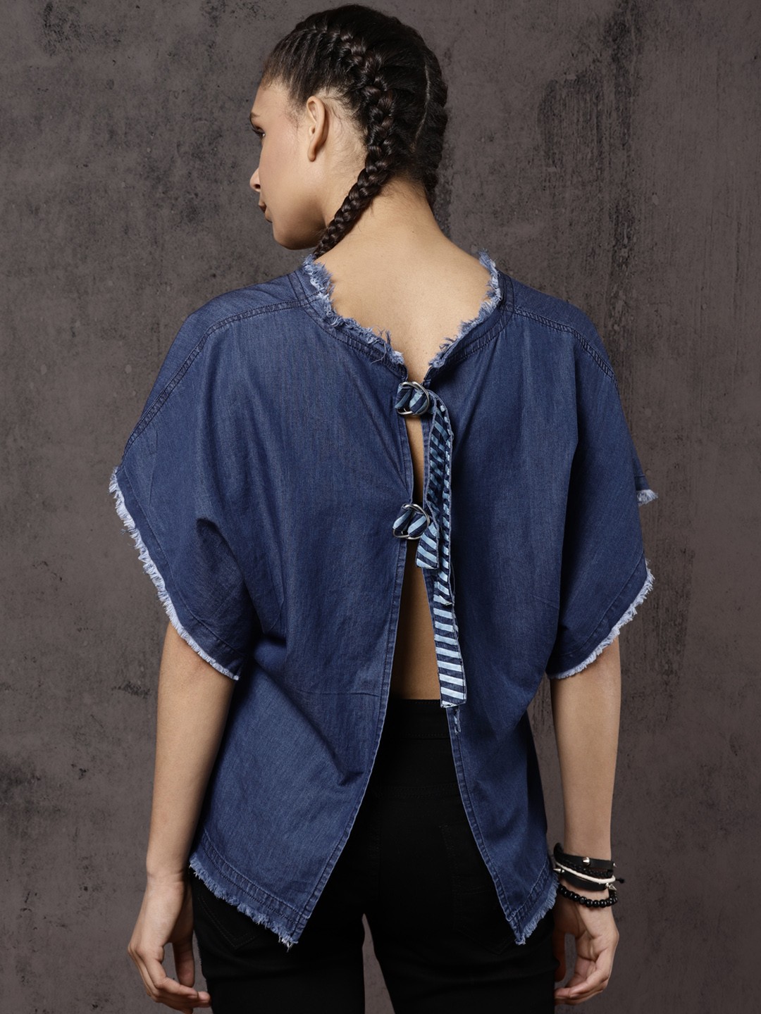 

Roadster Women Blue Solid Styled Back Chambray Pure Cotton Top
