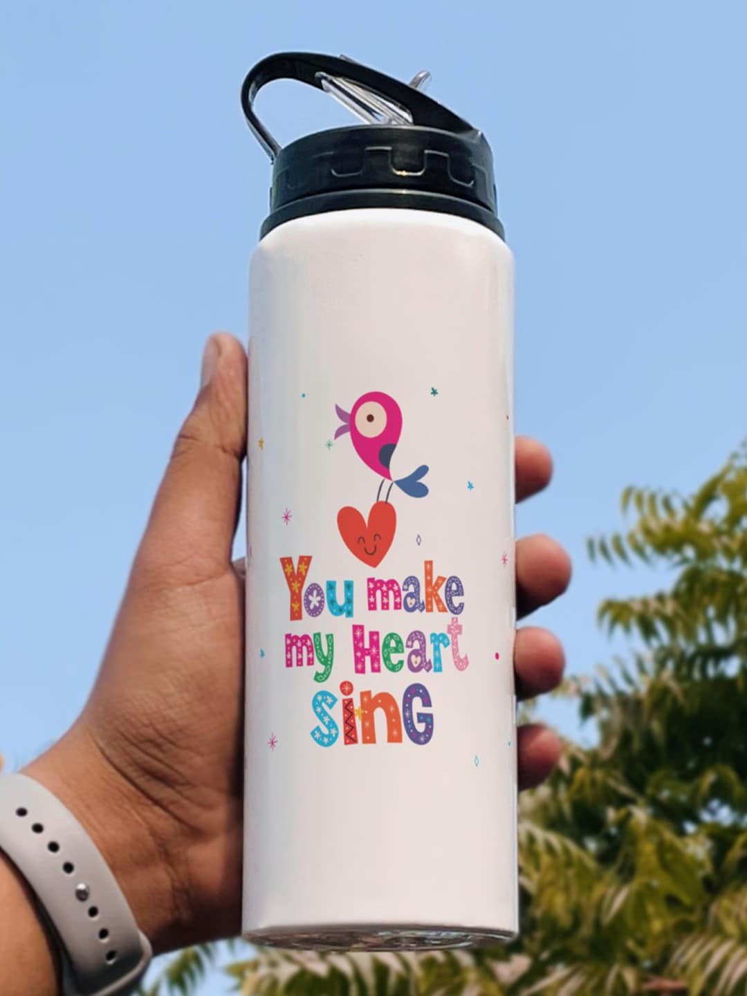 

Indigifts White & Pink Printed Water Bottle - 750 ML