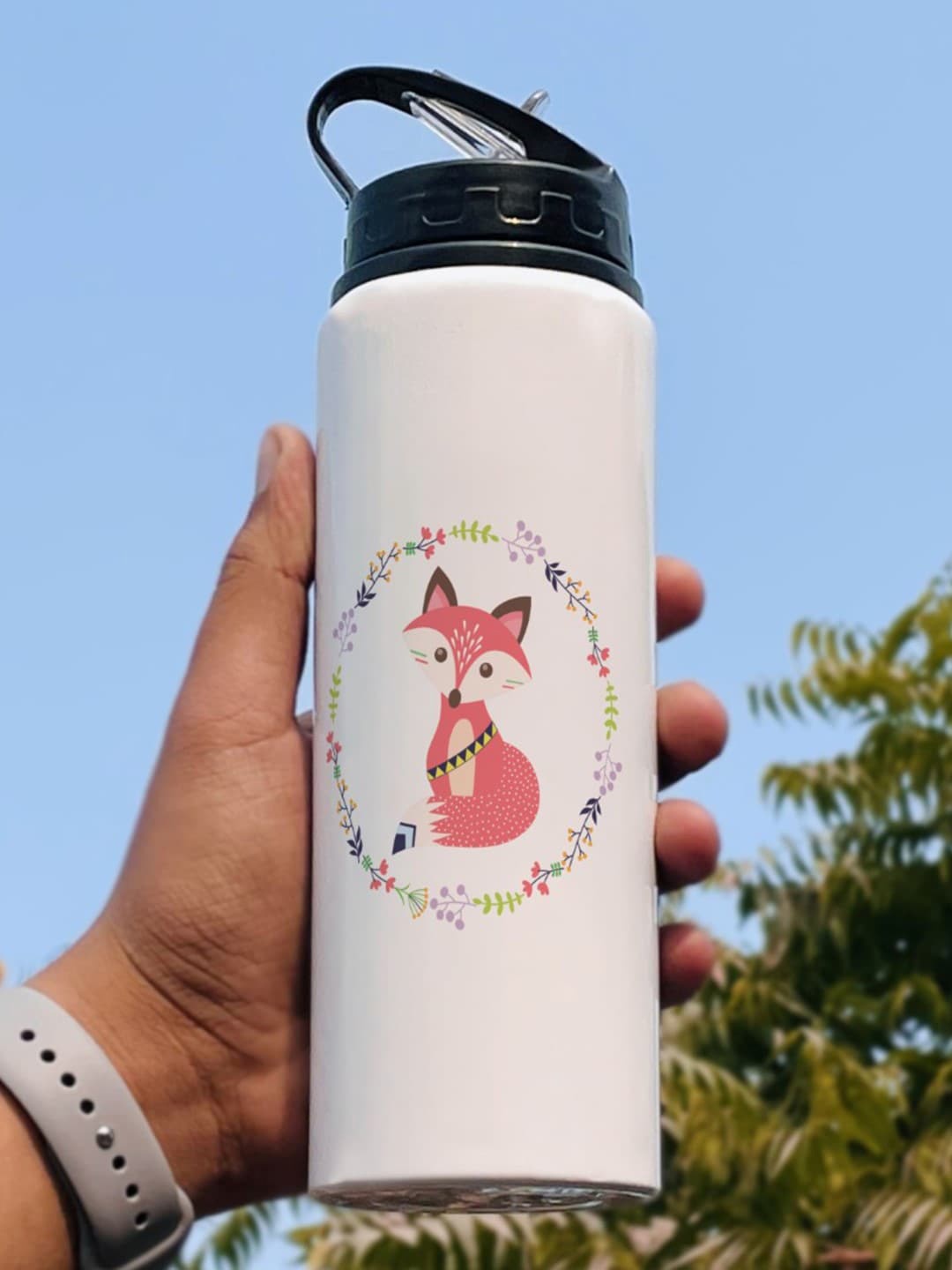 

Indigifts White & Pink Printed Water Bottle 750ml