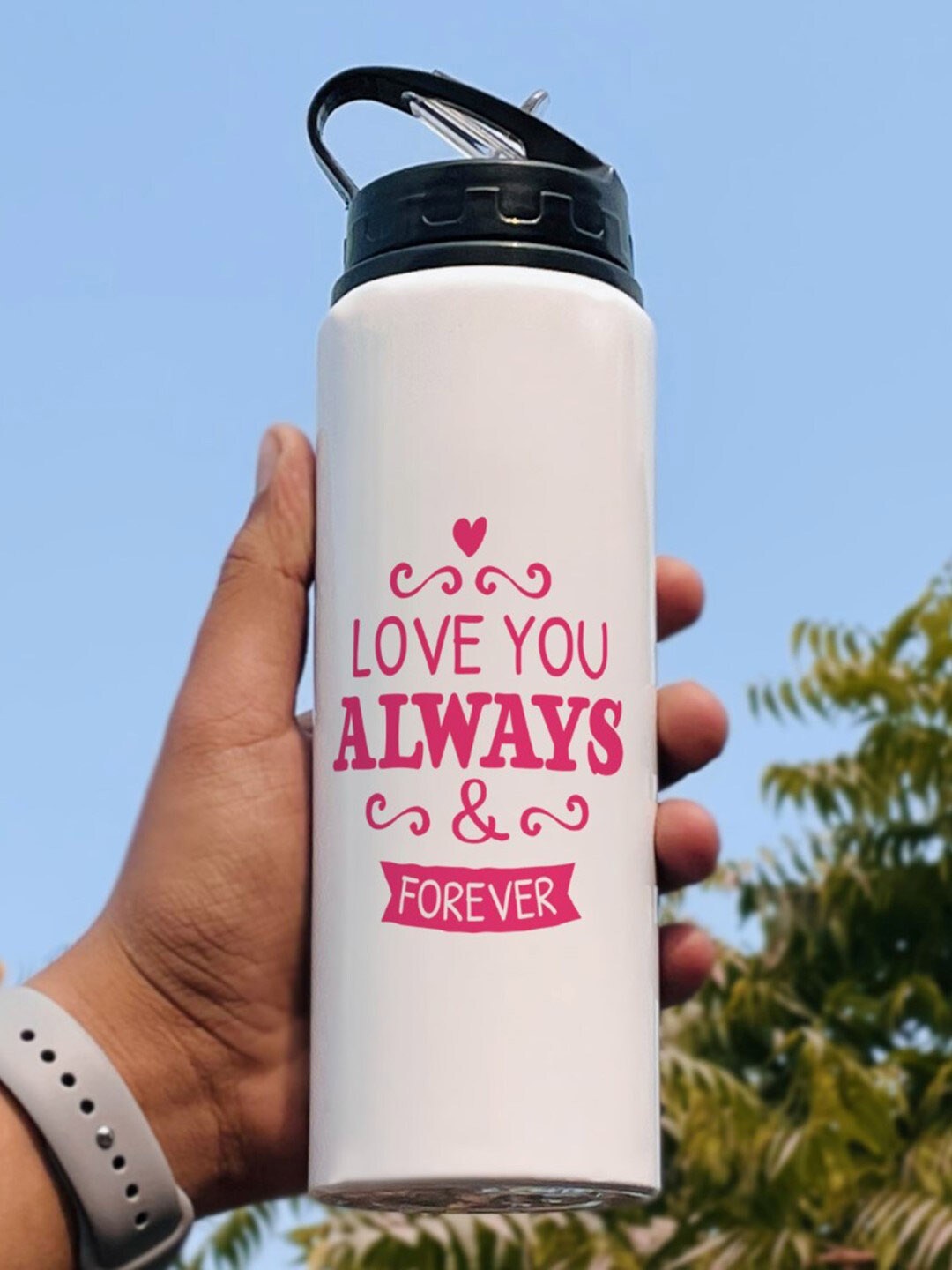 

Indigifts White & Pink Printed Water Bottle 750ml