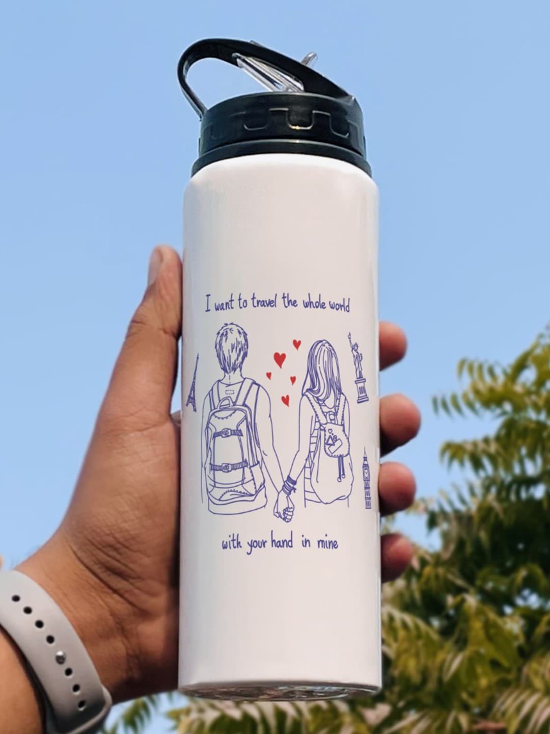 

Indigifts White & Blue Printed Water Bottle 750ml