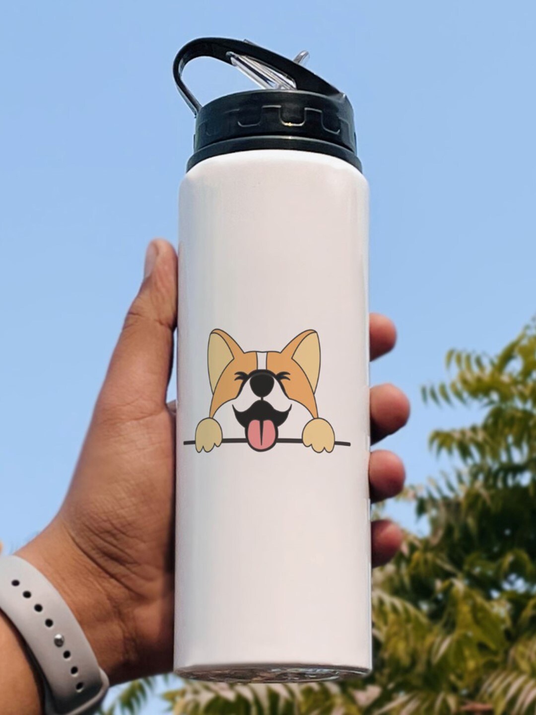 

Indigifts White & Brown Cute Dog Printed Aluminium Sipper Water Bottle 750 ml