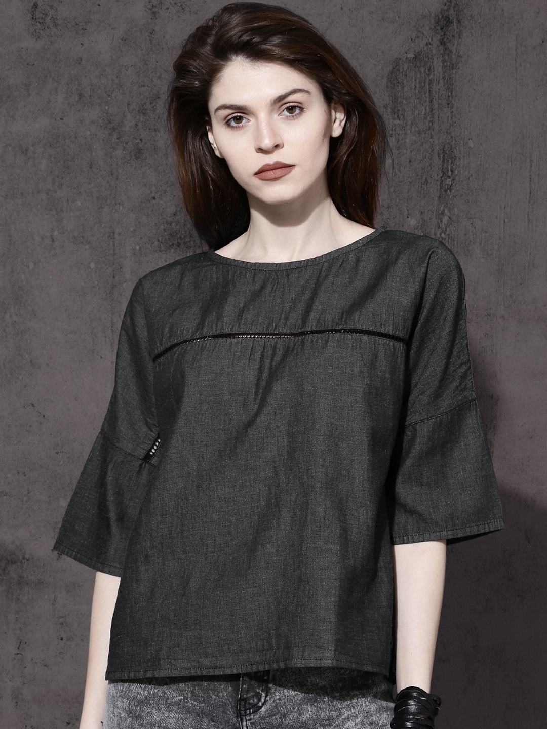 

Roadster Fast and Furious Women Denim Black Solid Pure Cotton Top