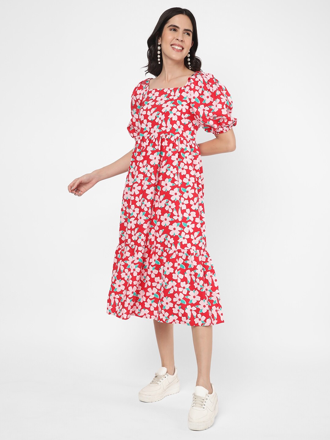

R&B Red Floral Print Puff Sleeve Fit & Flare Midi Dress