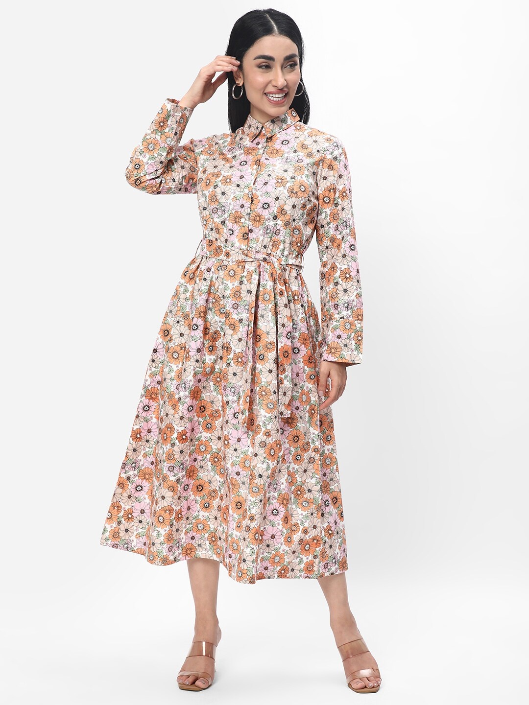 

R&B Beige Floral Print Fit & Flare Midi Dress