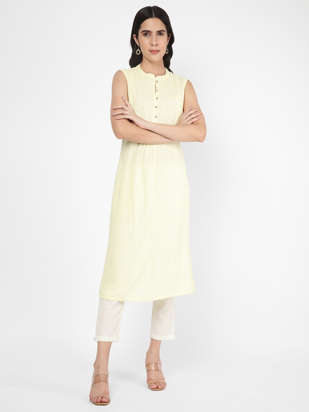 

R&B Yellow Gathered Embellished Sleeveless Midi A-Line Kurta