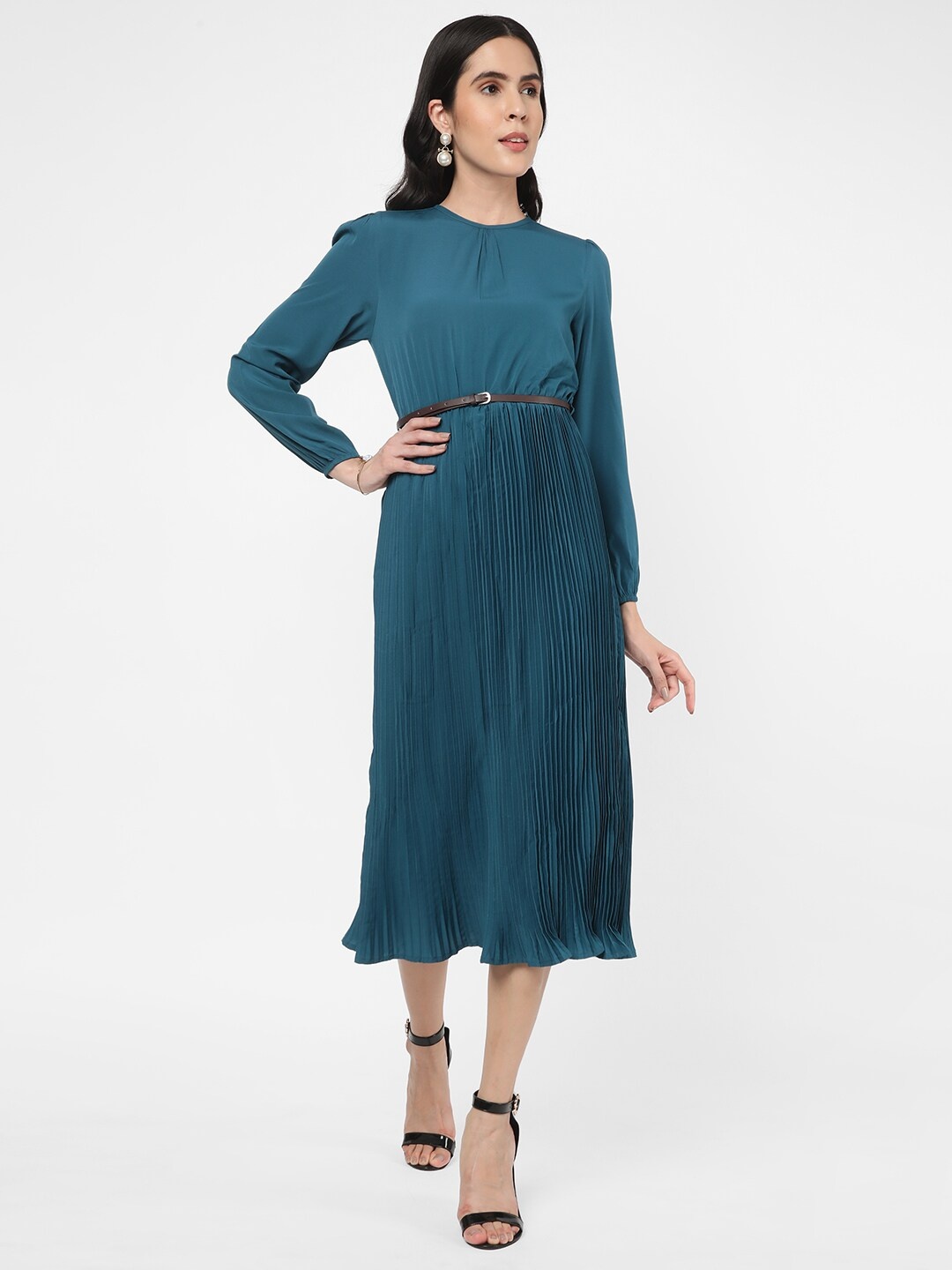 

R&B Blue Accordion Pleated Round Neck Puff Sleeves Midi Fit & Flare Dress