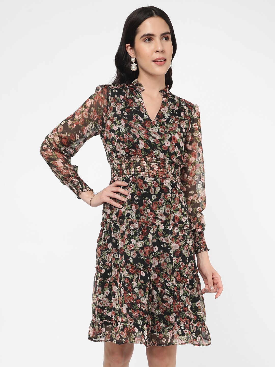 

R&B Floral Print Puff Sleeve Fit & Flare Dress, Black