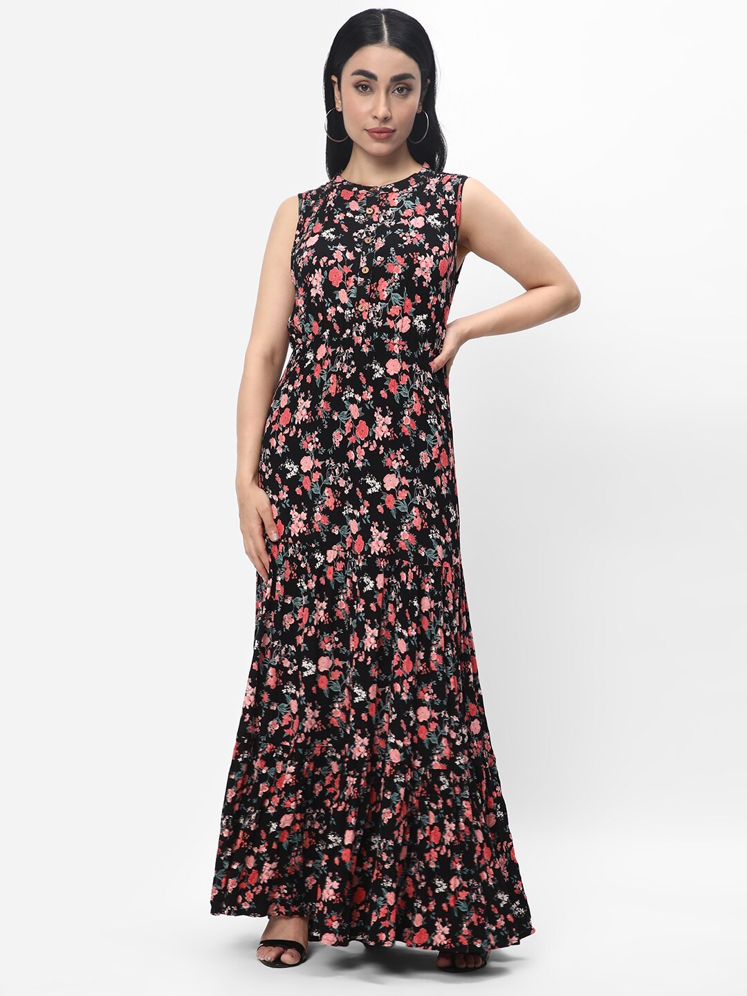 

R&B Floral Printed Mandarin Collar Tiered A-Line Maxi Dress, Black
