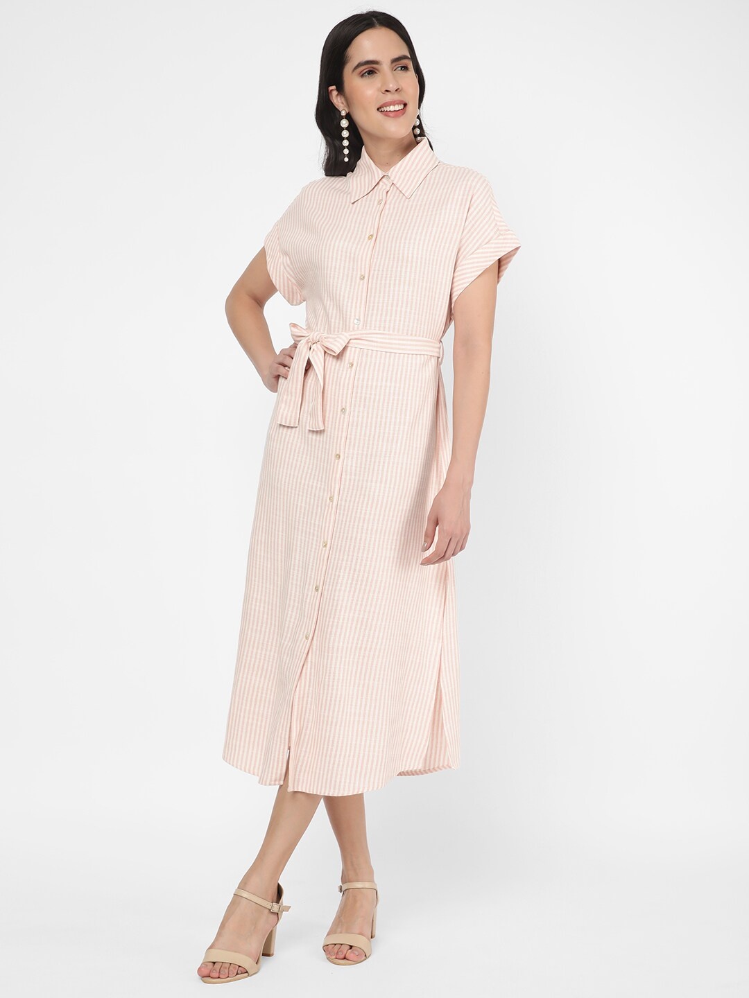 

R&B Striped Extended Sleeves Pure Cotton Shirt Midi Dress, Pink