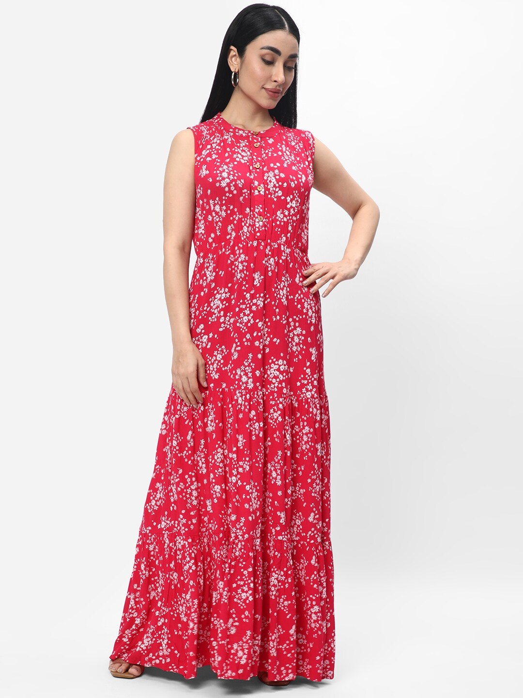 

R&B Floral Printed Mandarin Collar Tiered A-Line Maxi Dress, Pink