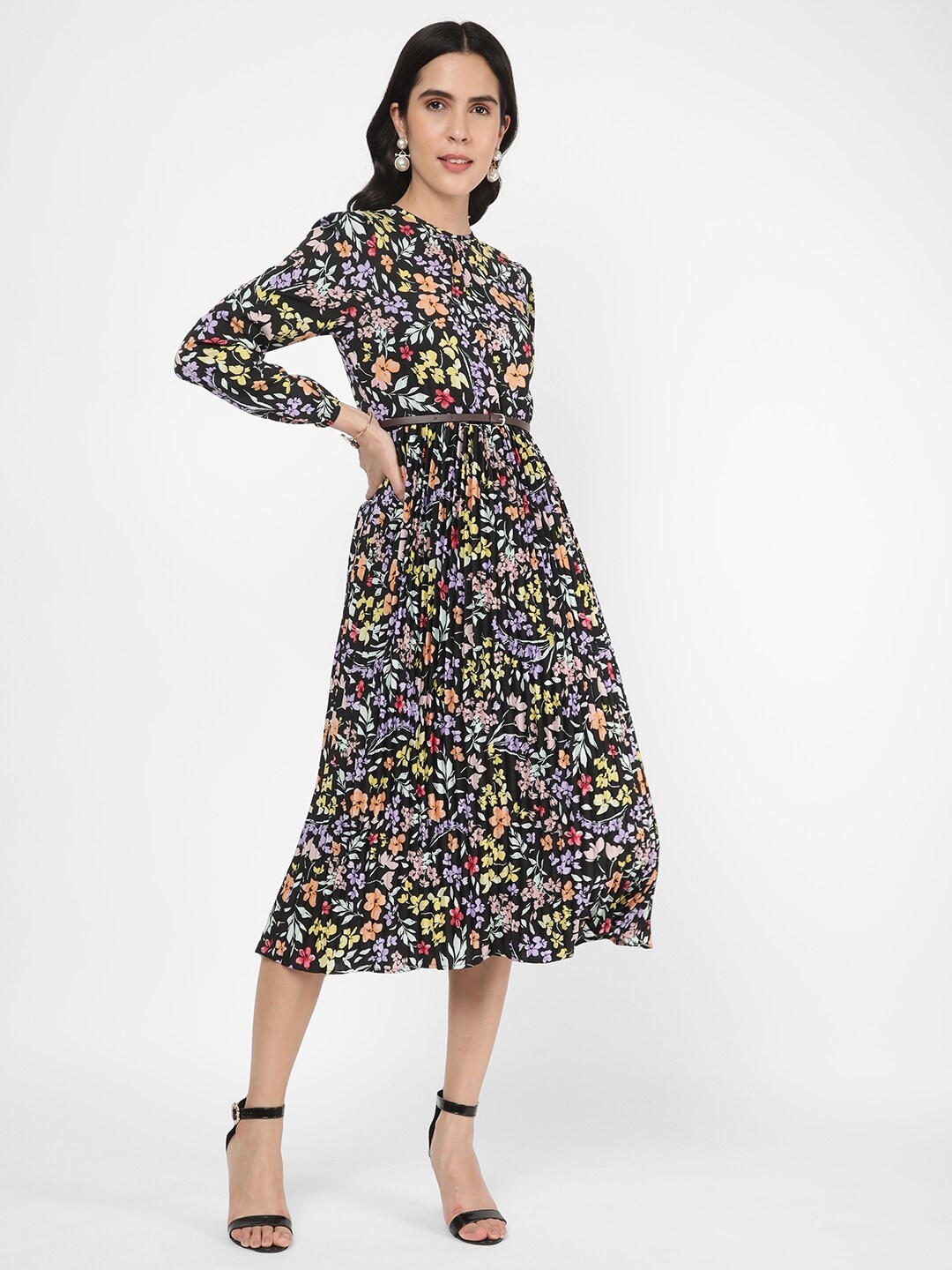 

R&B Floral Printed Round Neck Accordion Pleated Fit & Flare Midi Dress, Black