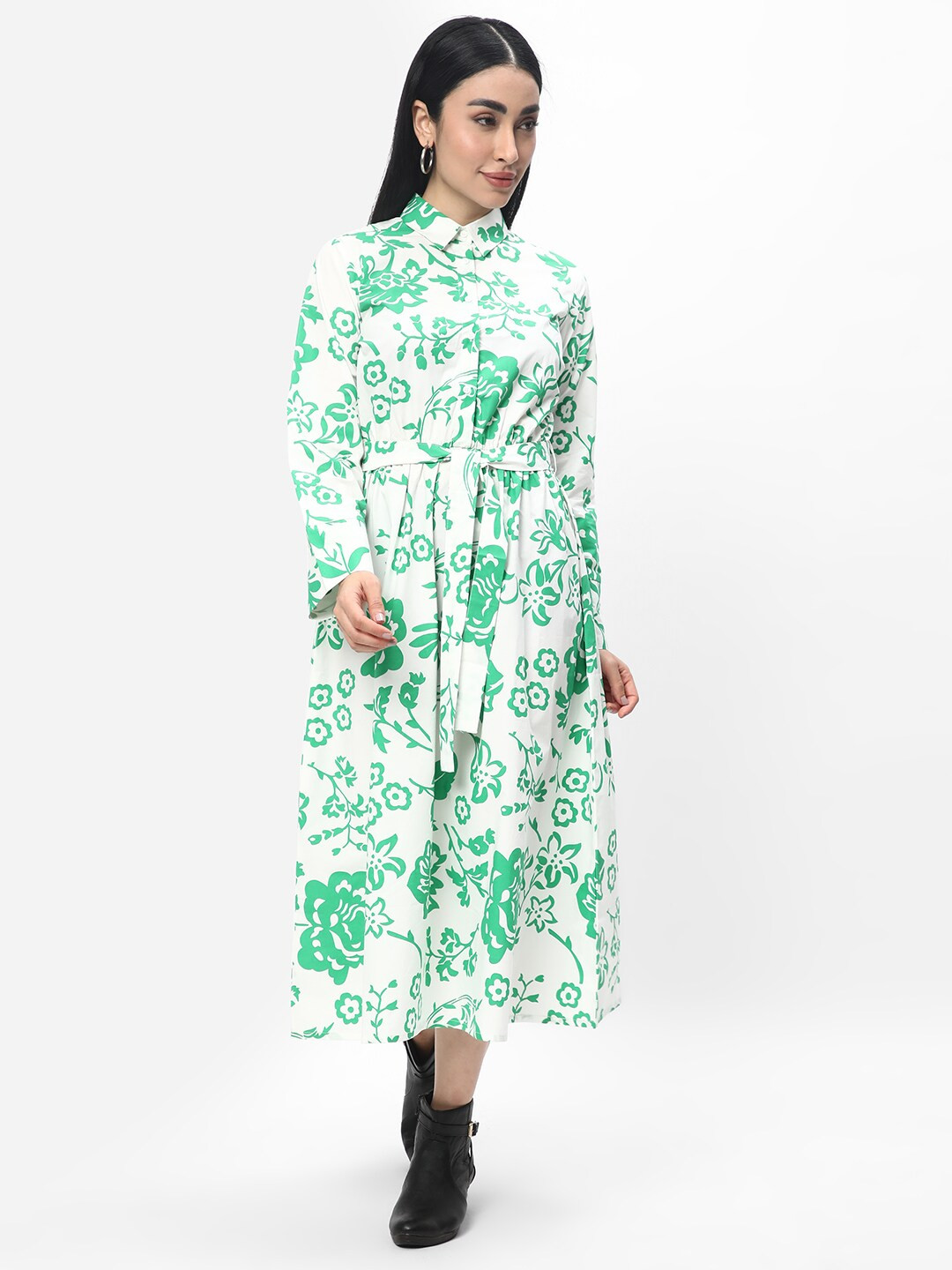 

R&B Floral Print Shirt Collar Pure Cotton Fit & Flare Midi Dress, White