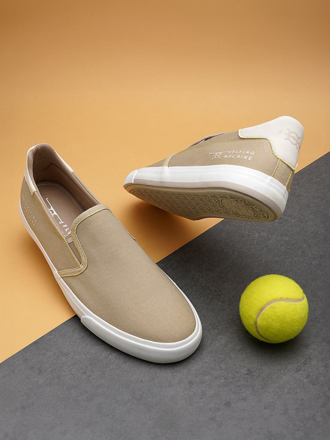 

Flying Machine Men Comfort Insole Canvas Contrast Sole Slip-On Sneakers, Beige