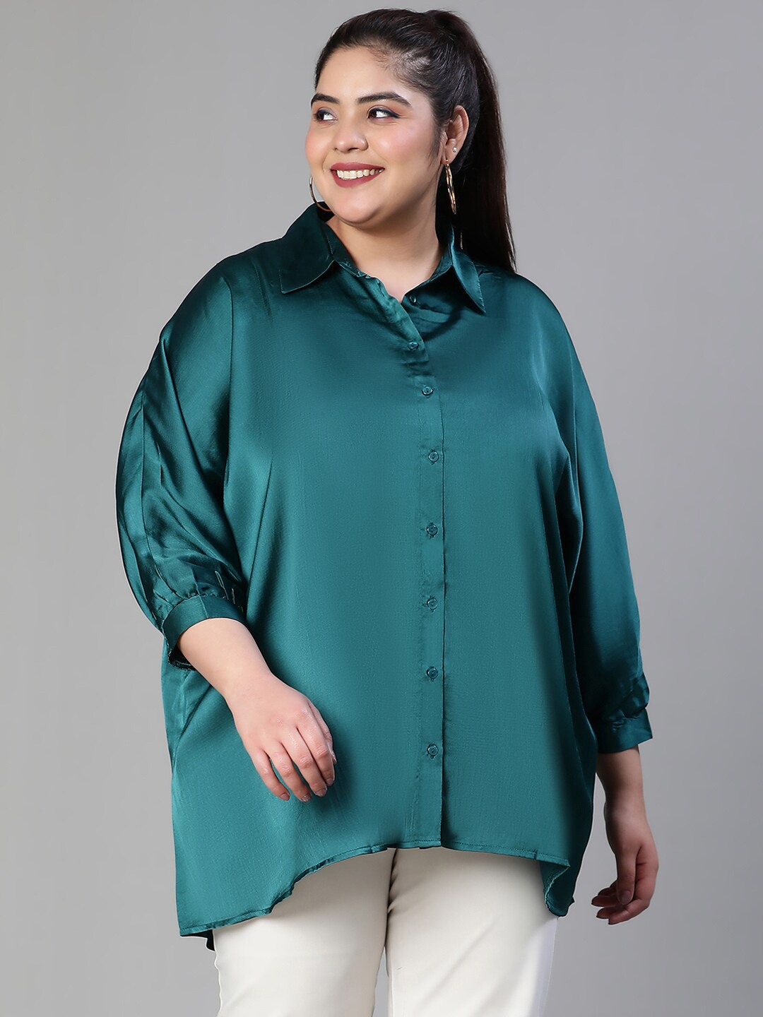 

Oxolloxo Plus Size Relaxed Boxy Satin Casual Shirt, Teal
