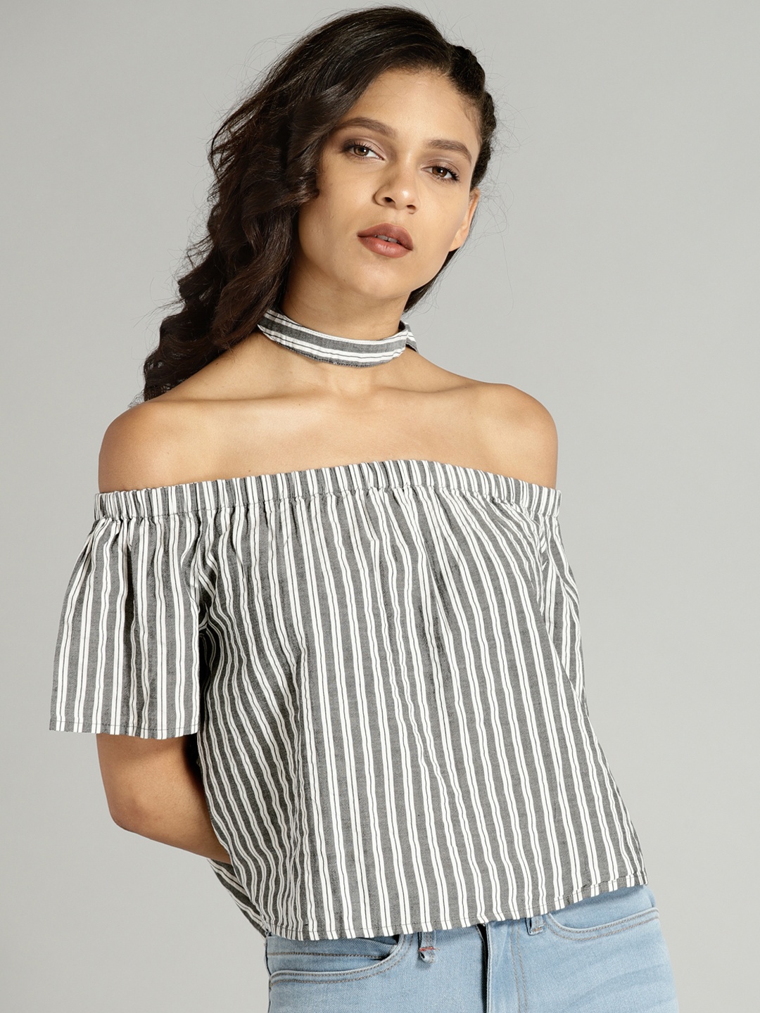 

Roadster Women White & Black Striped Bardot Pure Cotton Top