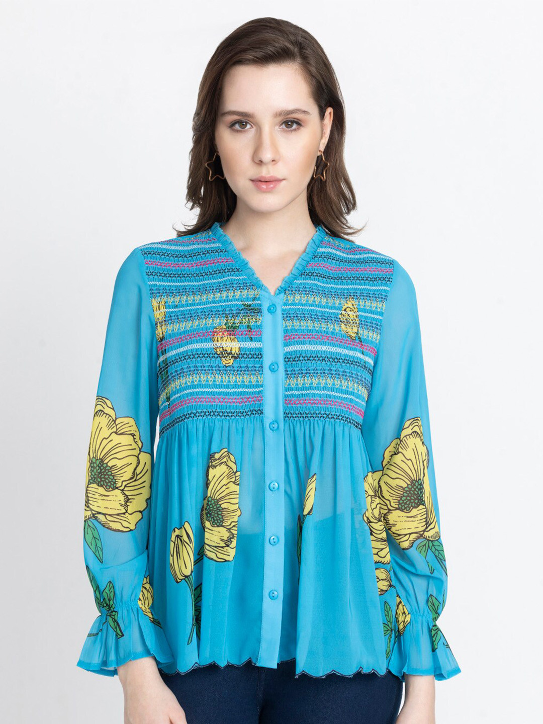 

SHAYE Floral Printed V-Neck Bell Sleeves Shirt Style Top With Smocking Details, Blue