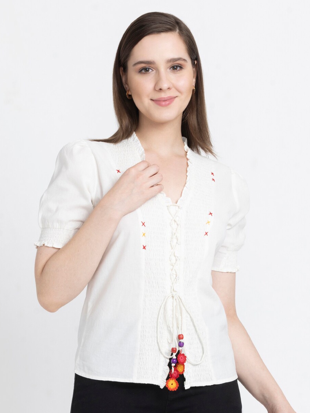 

SHAYE V-Neck Puff Sleeves Pure Cotton Shirt Style Top With Smocked & Tie-Ups Details, White