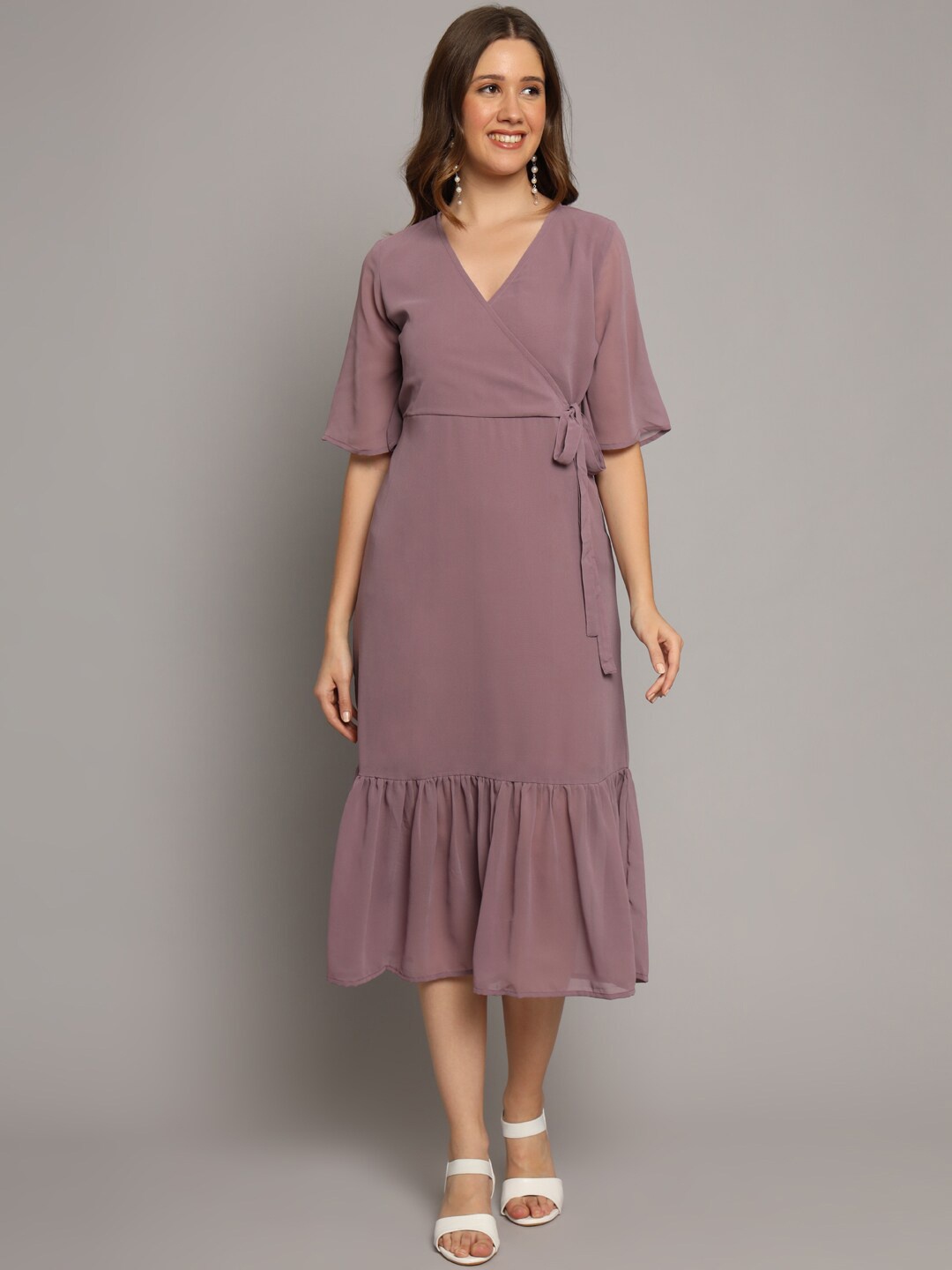 

DECKEDUP V-Neck Flared Sleeves Tiered A-Line Midi Dress, Lavender