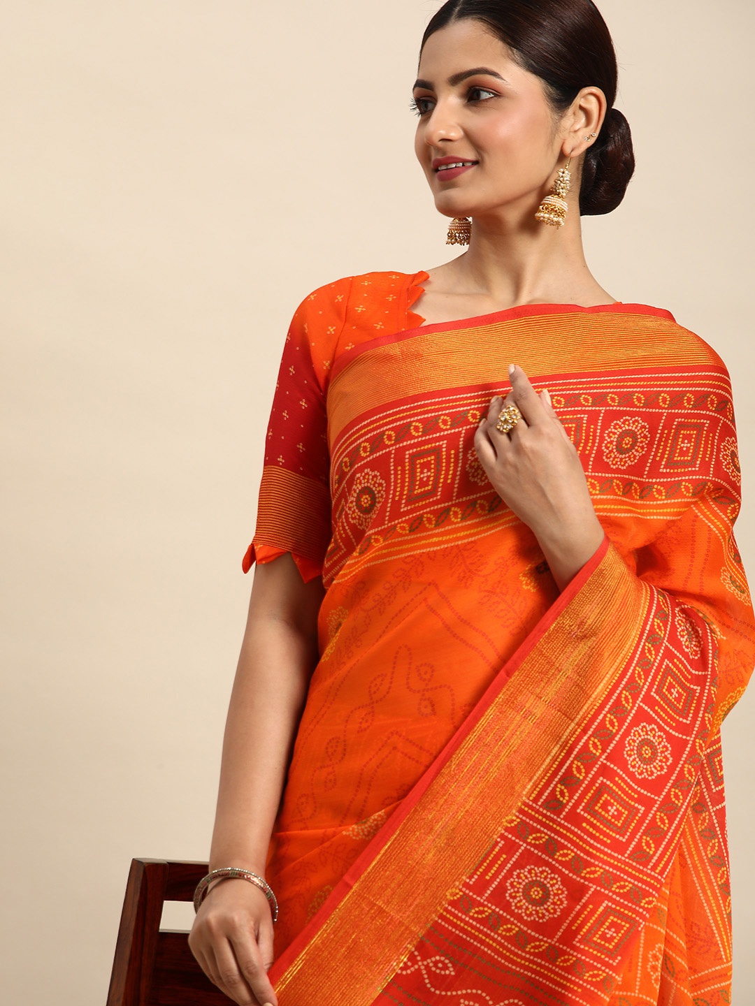 

Mitera Printed Pure Chiffon Bandhani Saree, Orange