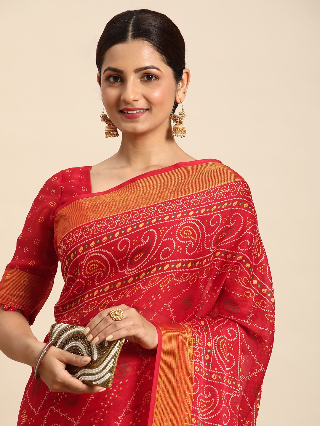 

Mitera Printed Pure Chiffon Bandhani Saree, Red