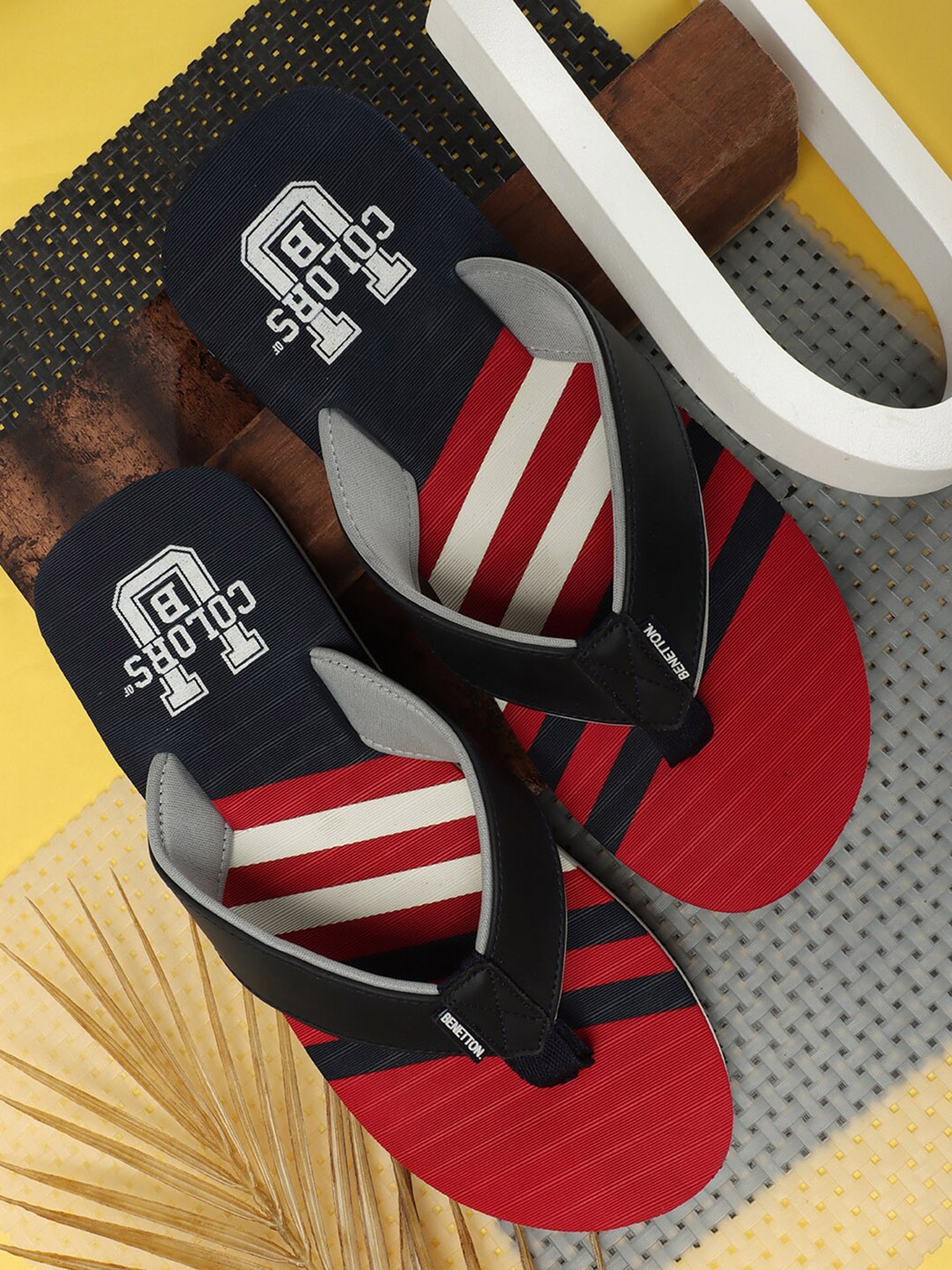 United Colors of Benetton Men Striped Rubber Thong Flip-Flops, Red