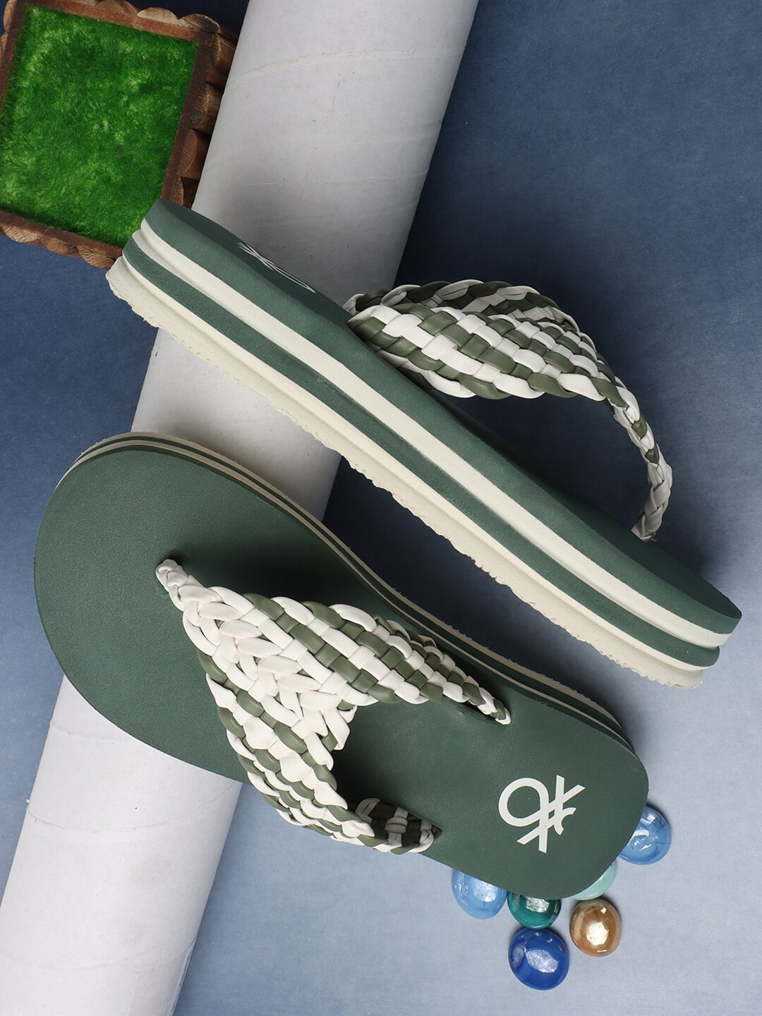 

United Colors of Benetton Women Textured Rubber Thong Flip-Flops, Green
