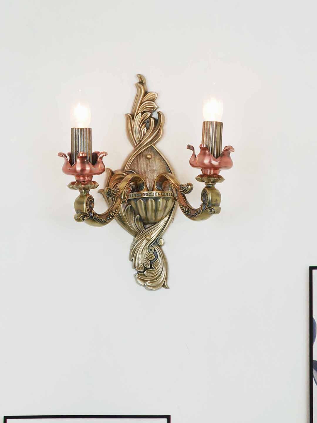 

Fos Lighting Gold Toned Vintage Carved Dual-Light Aluminium Candelabra Wall Lamp