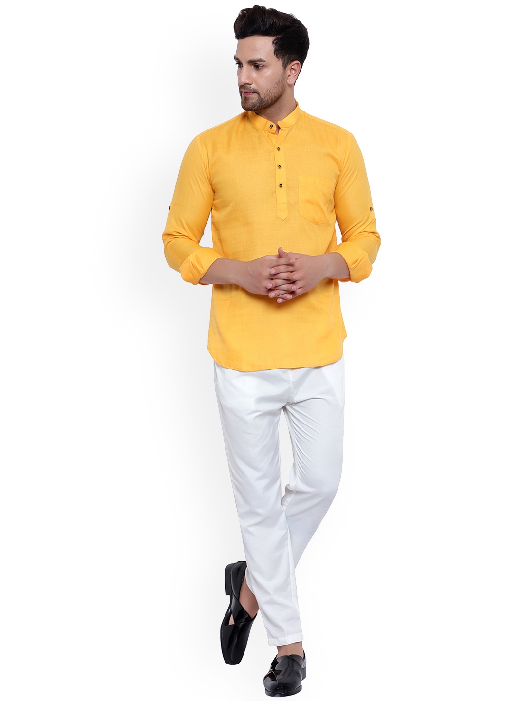 

ONNIX Mandarin Collar Regular Straight Kurta With Pyiamas, Mustard
