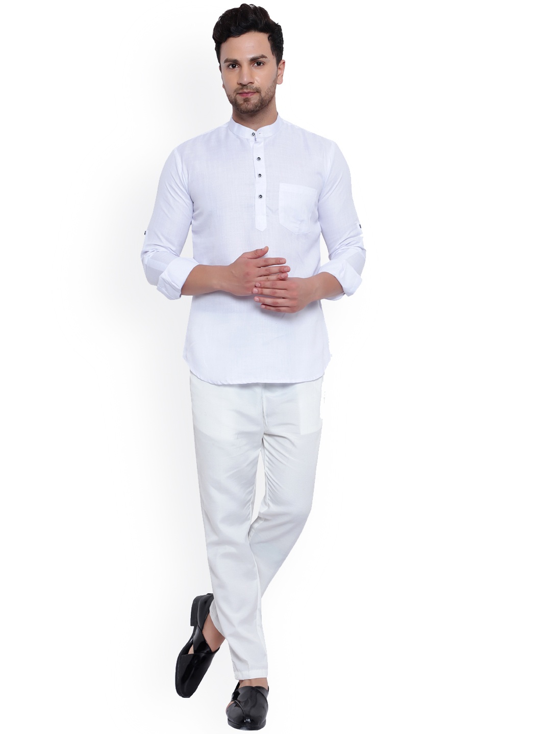 

ONNIX Mandarin Collar Regular Straight Kurta With Pyiamas, White