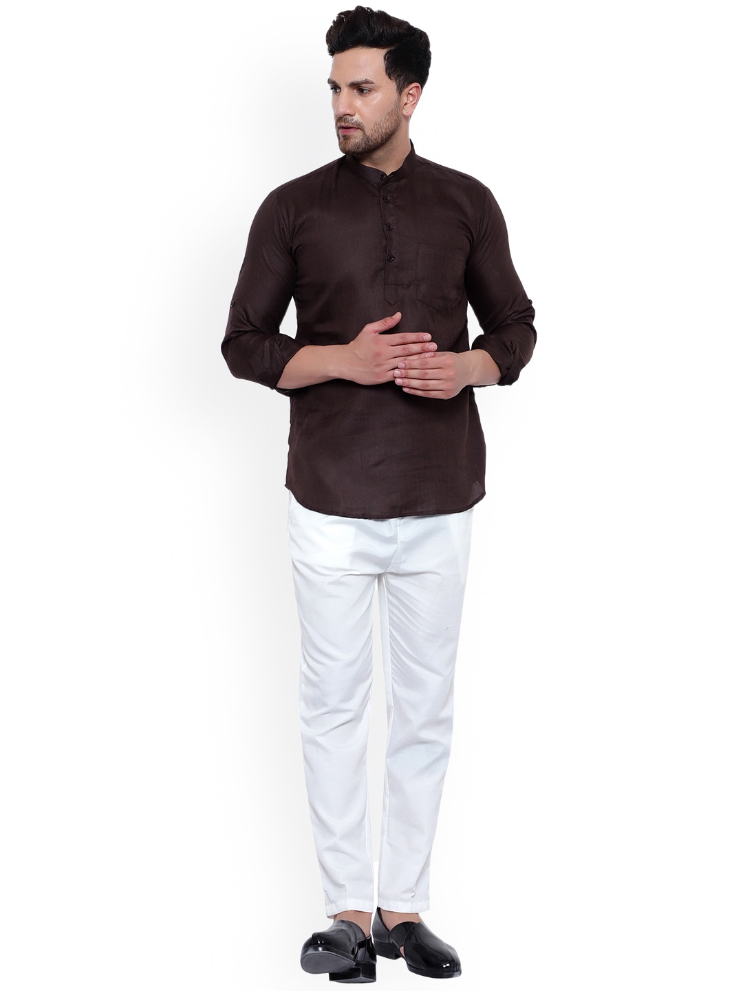 

ONNIX Band Collar Kurta With Trousers, Brown