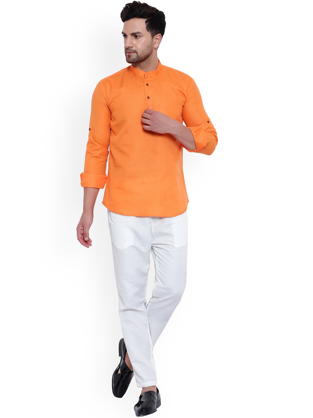 

ONNIX Band Collar Straight Kurta With Pyjamas, Orange