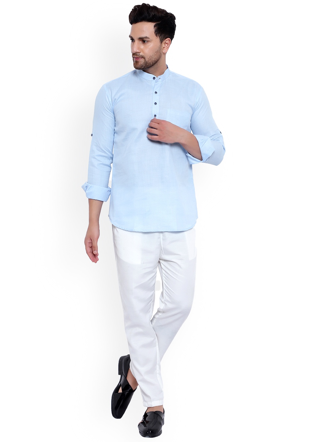 

ONNIX Mandarin Collar Kurta with Trousers, Turquoise blue